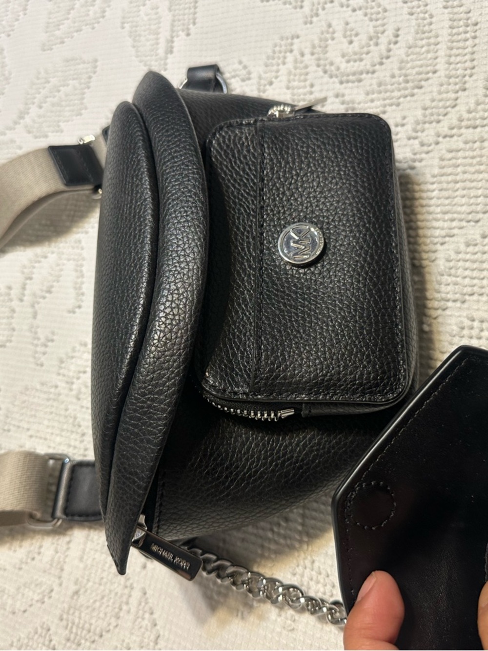 Michael Kors Black Pebbled Leather Crossbody Belt Bag with Beige Strap - Picture 2 of 7